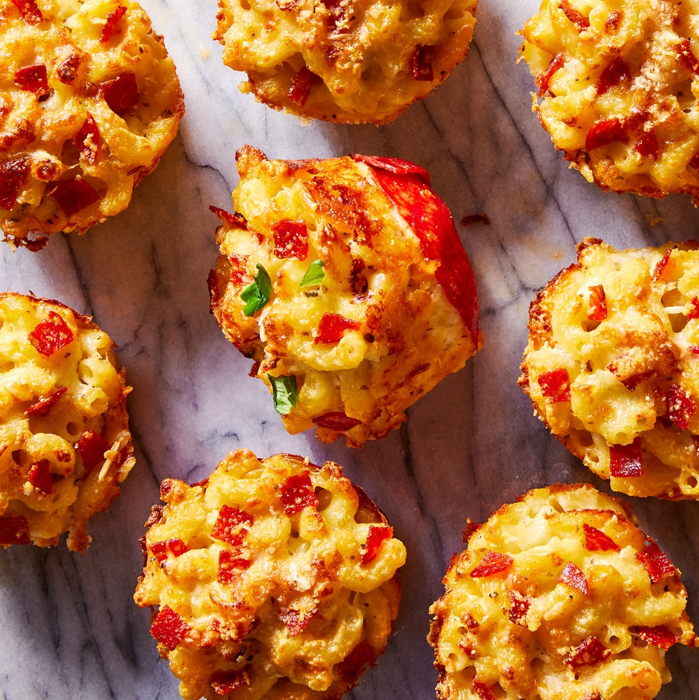 mac and cheese with pepperonis in a muffin tin shape