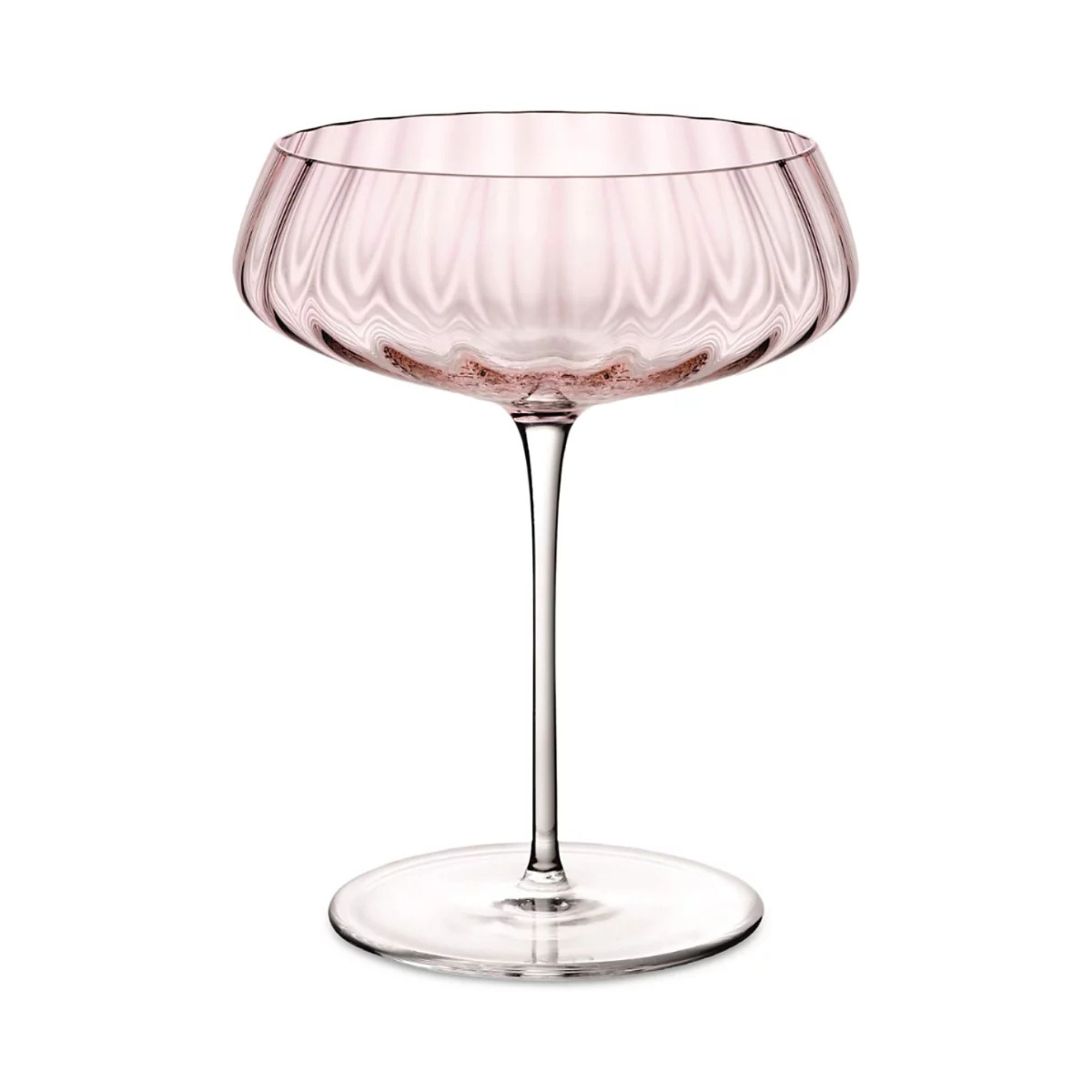 Pale pink scalloped coupe glass with a clear glass stem