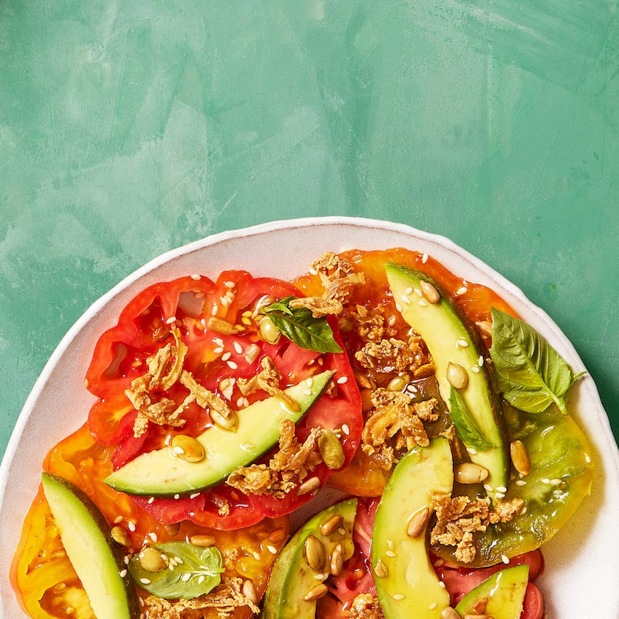 tomato avocado salad with crispy tofu