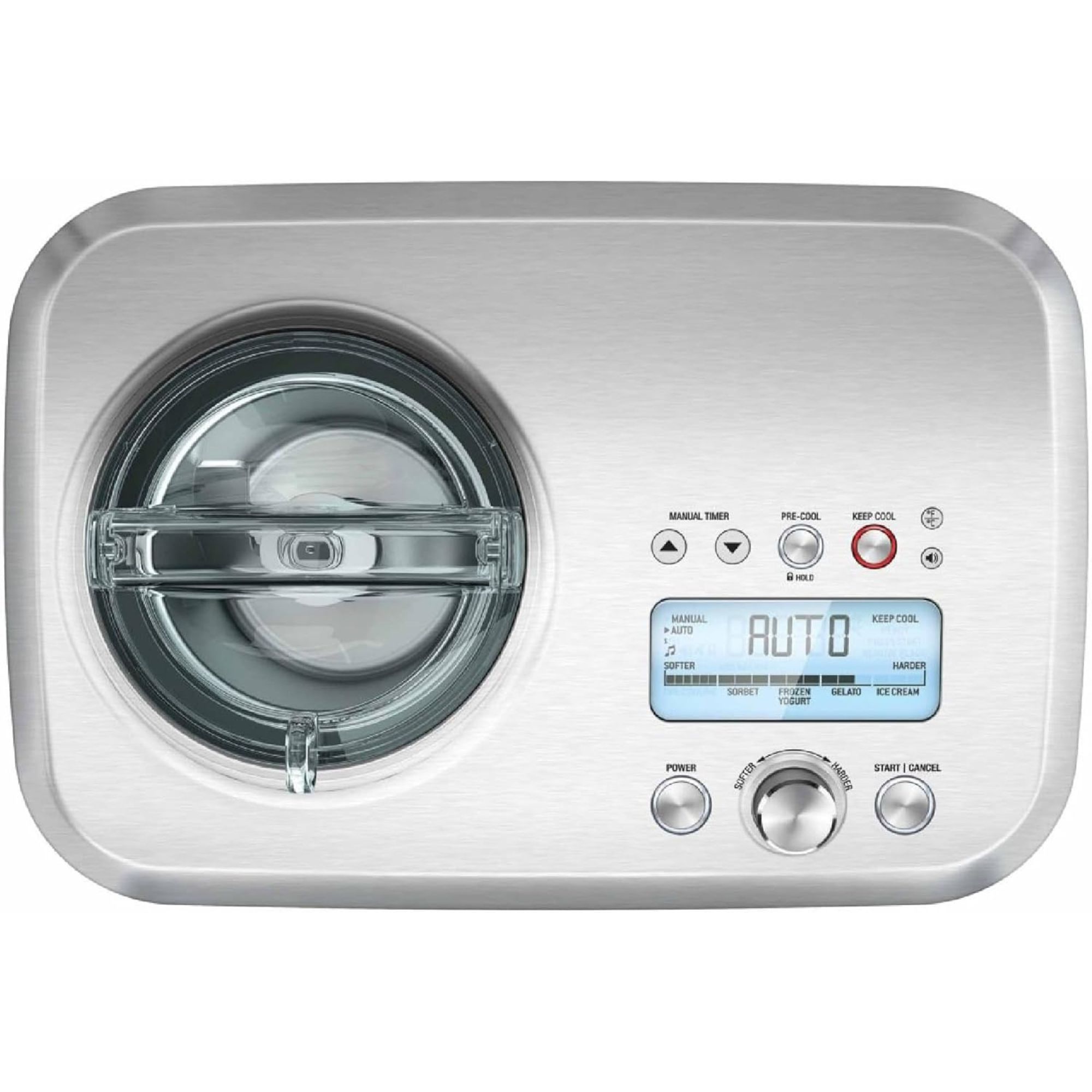 Silver ice cream maker with glass drum and digital display