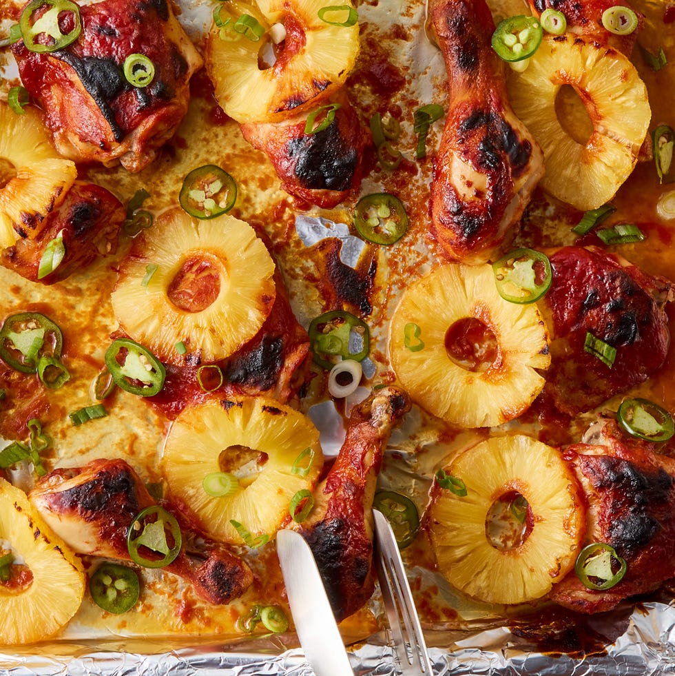 Sheet-Pan BBQ Pineapple Chicken chicken drumsticks and thighs with pineapple and jalapenos