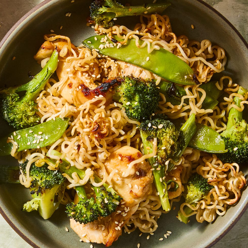 Sheet-Pan Crispy Ramen ramen noodles, chicken, and broccoli baked on a sheet pan
