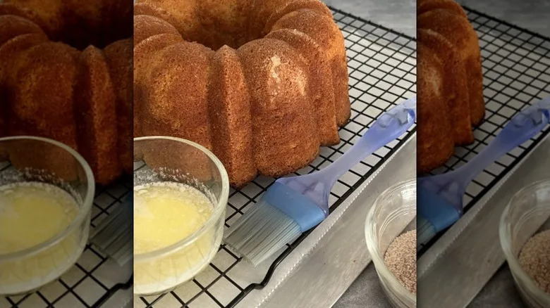 Cider bundt cake on tray with glaze