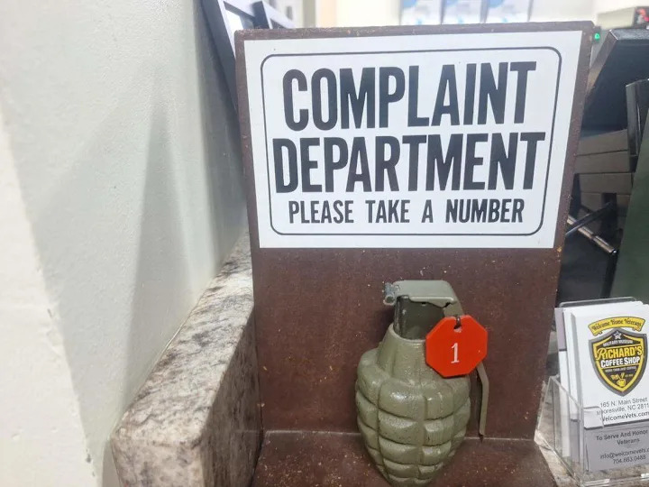Have a complaint at Richard’s Coffee Shop at Welcome Home Veterans Military Museum in downtown Mooresville? Be careful when you pull the safety lever for a complaint ticket number.