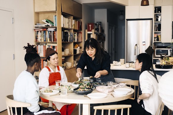 Hetty McKinnon making friends with salad in her Brooklyn apartment.