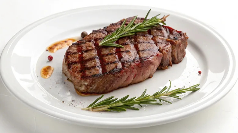 Ribeye steak on white plate