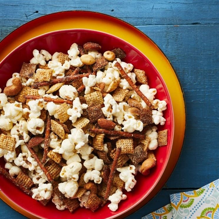 garlic ranch party mix on blue wood surface
