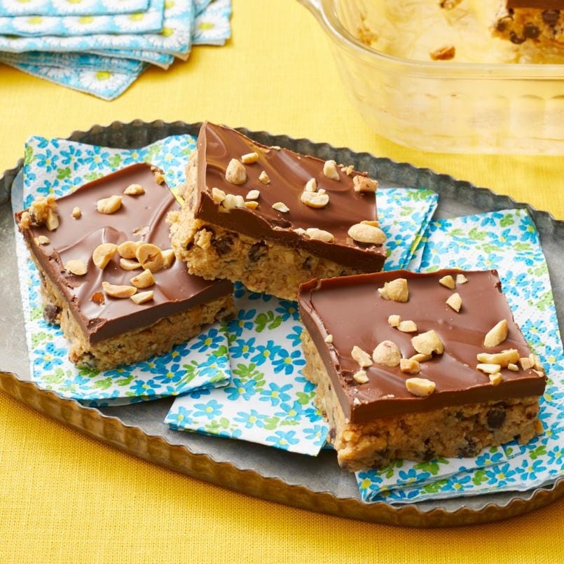 no bake peanut butter bars on floral napkins