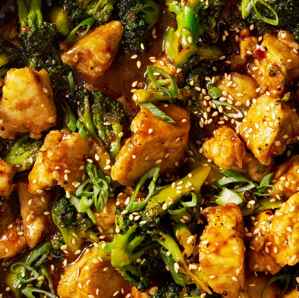 crispy baked tofu tossed with a sweet and savory chili spiked sesame sauce and crisp tender broccoli