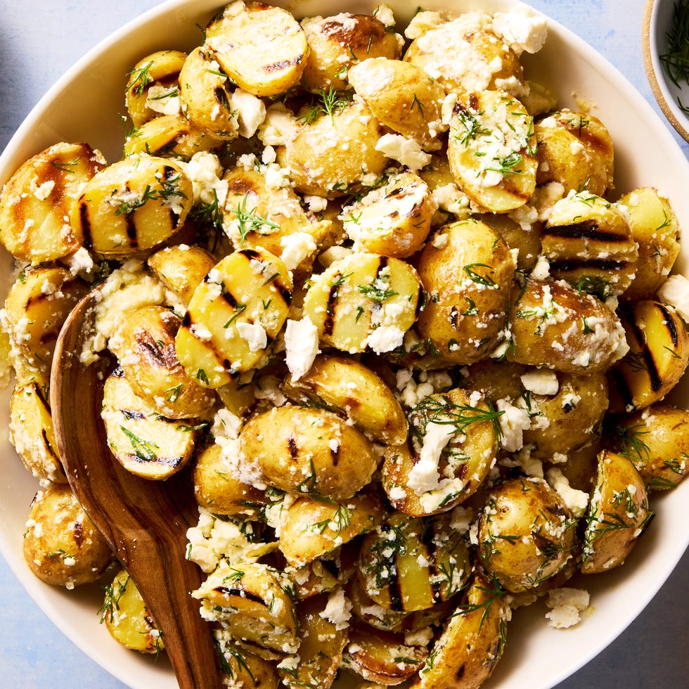 grilled potatoes tossed with a greek inspired feta and lemon sauce