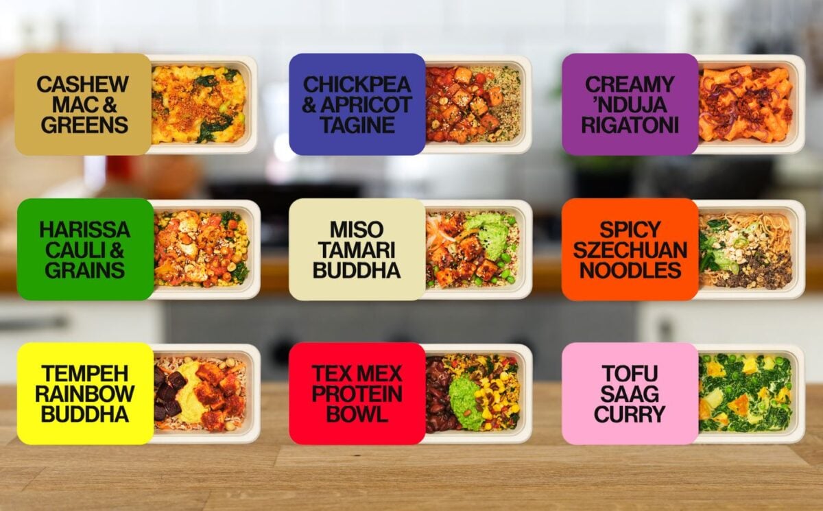 Photo shows the upcoming vegan frozen ready meal range from GRUBBY, featuring vegan recipes from Allplants