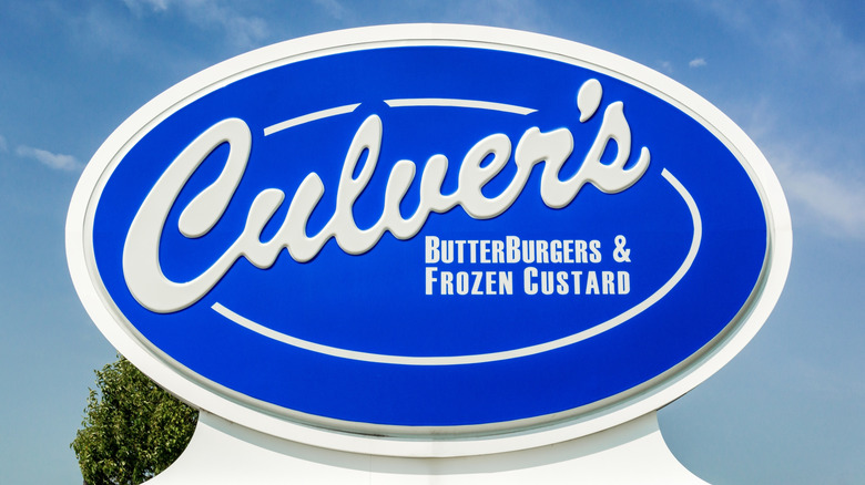 Culve's signage with a blue sky background behind it
