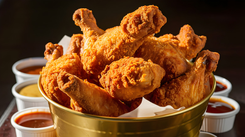 bucket of fried chicken with sauces