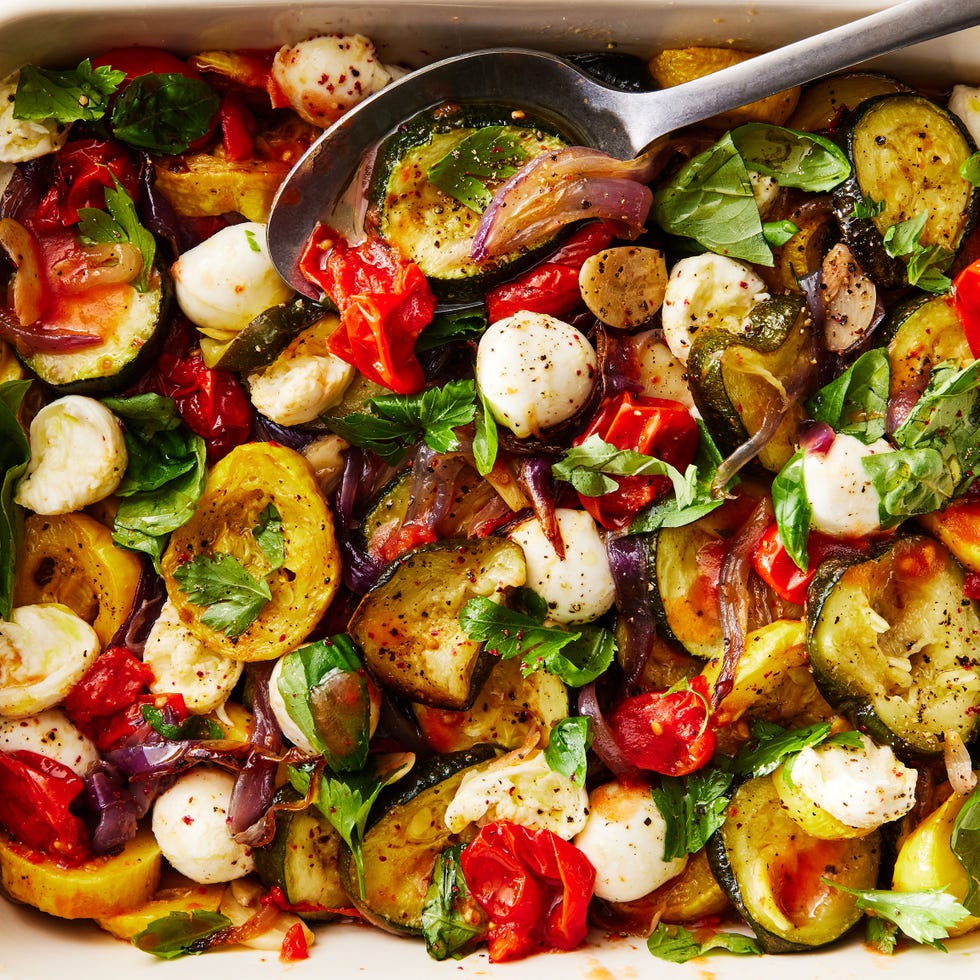 One-Pot Summer Vegetable Ragú mixed summer vegetable ragú in a white pan