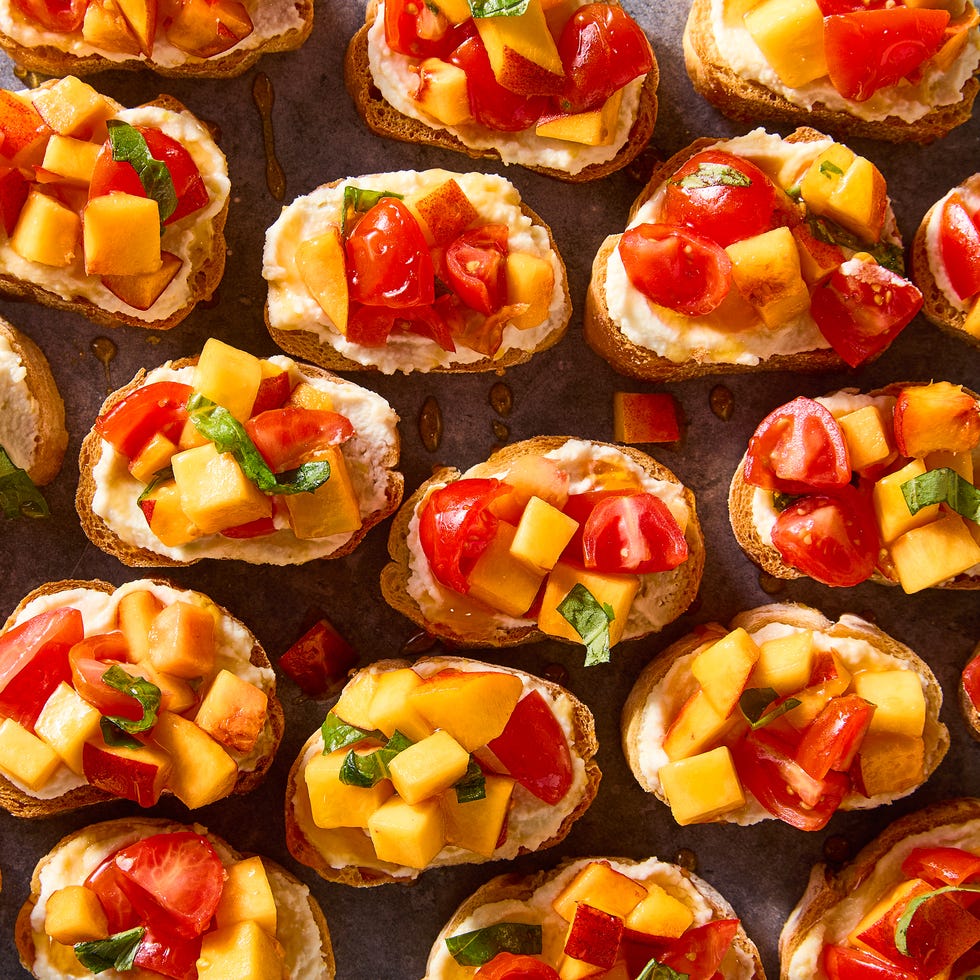 Peach Bruschetta sliced toasts topped peach and tomato slices