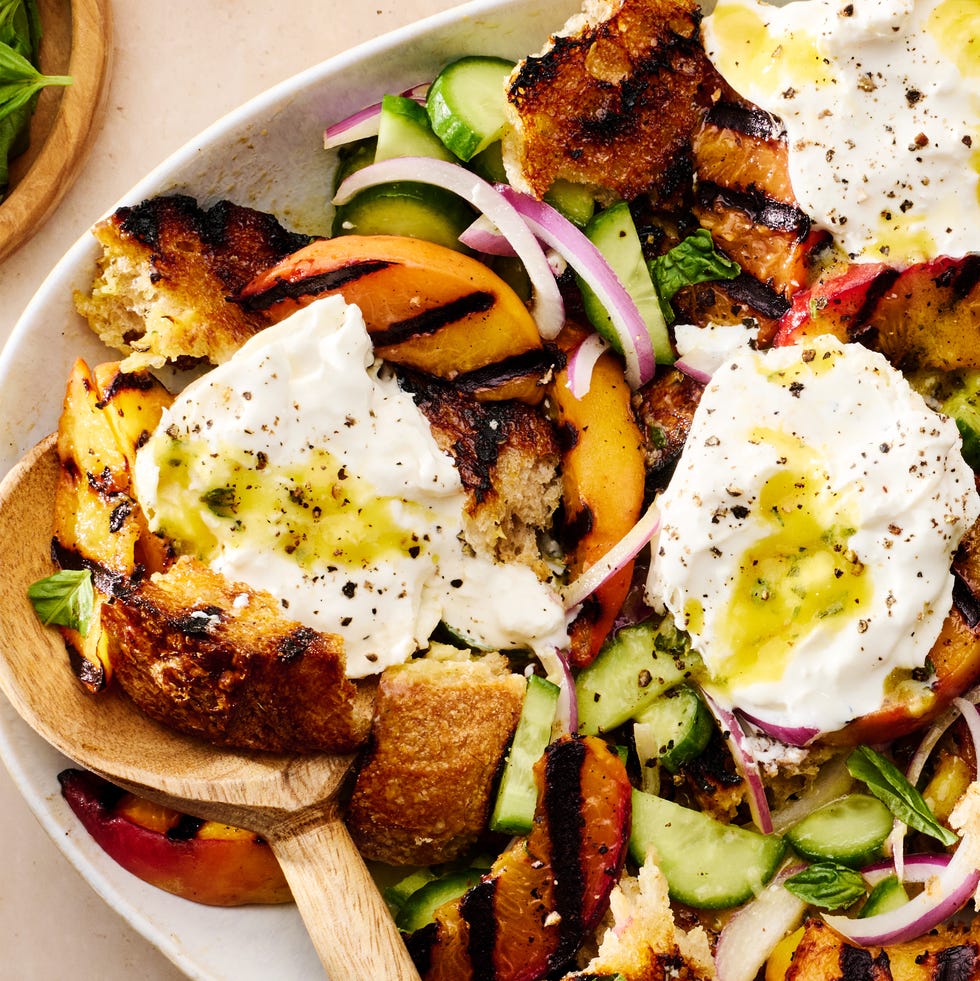 grilled peaches and sourdough bread tossed with mustard vinaigrette and served with creamy burrata cheese