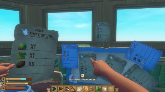 Raft Juicer recipes: The player holding a Simple Smoothie recipe and pointing at more recipes on the Juicer