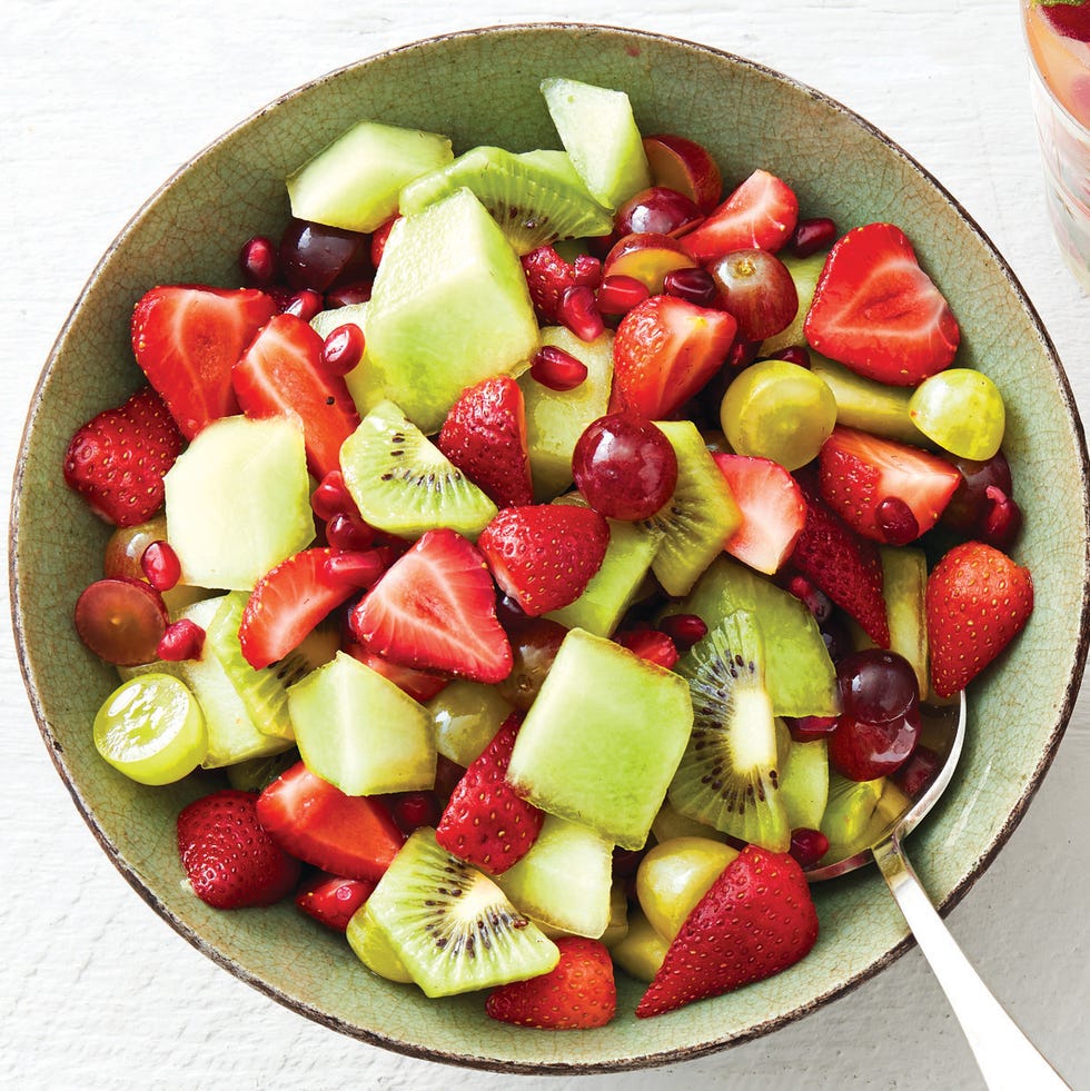 red and green fruit salad with mint syrup