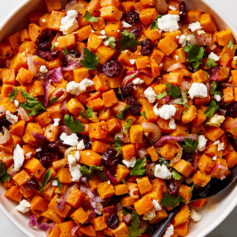 Sweet Potato Salad cubes of sweet potato with crumbled feta, red onion, dried cranberries, and parsley