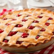 a cherry pie from a slight angle