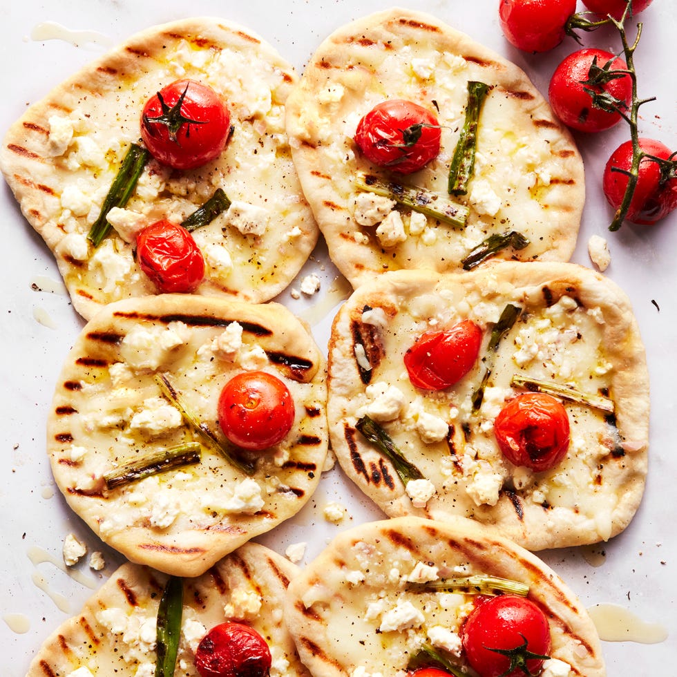 Grilled Tomato Feta Pizzettes grilled tomato feta pizzettes with scallions and mozzaraella