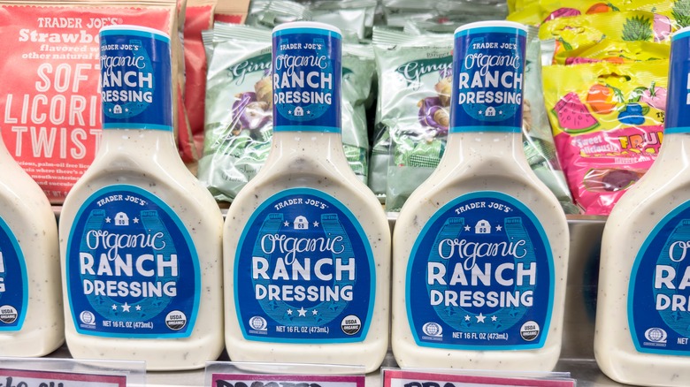 bottles of trader joe's organic ranch dressing lined up