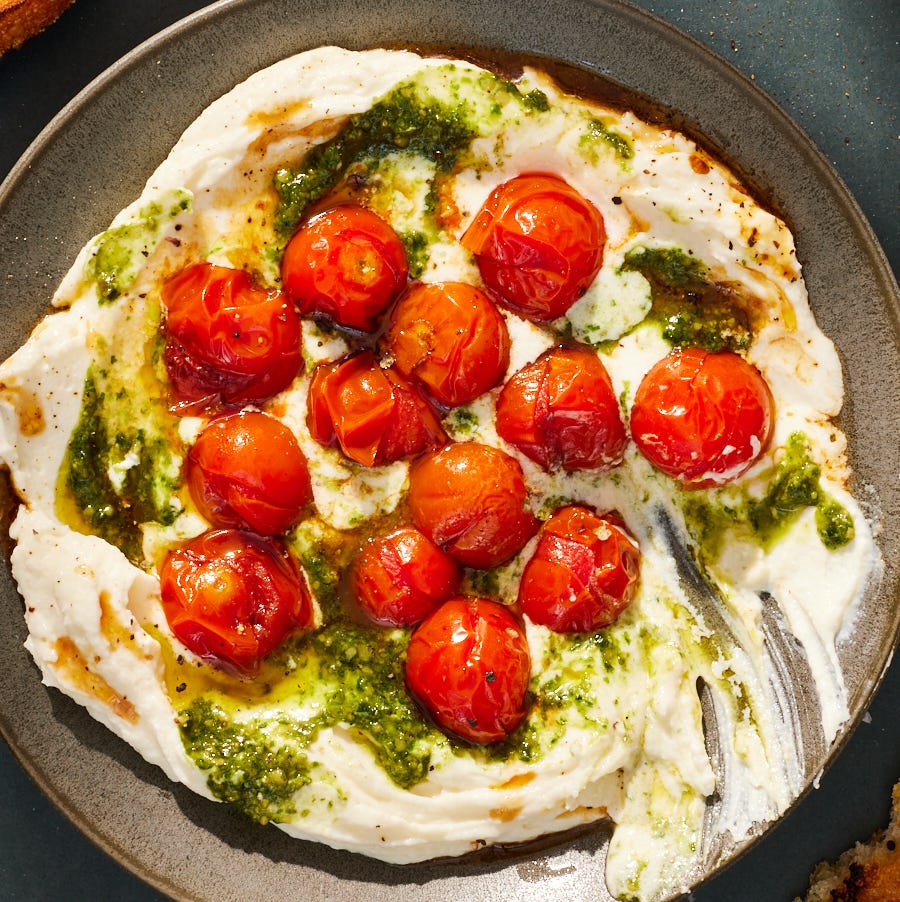 Whipped Mozzarella Dip whipped mozzarella with burst cherry tomatoes