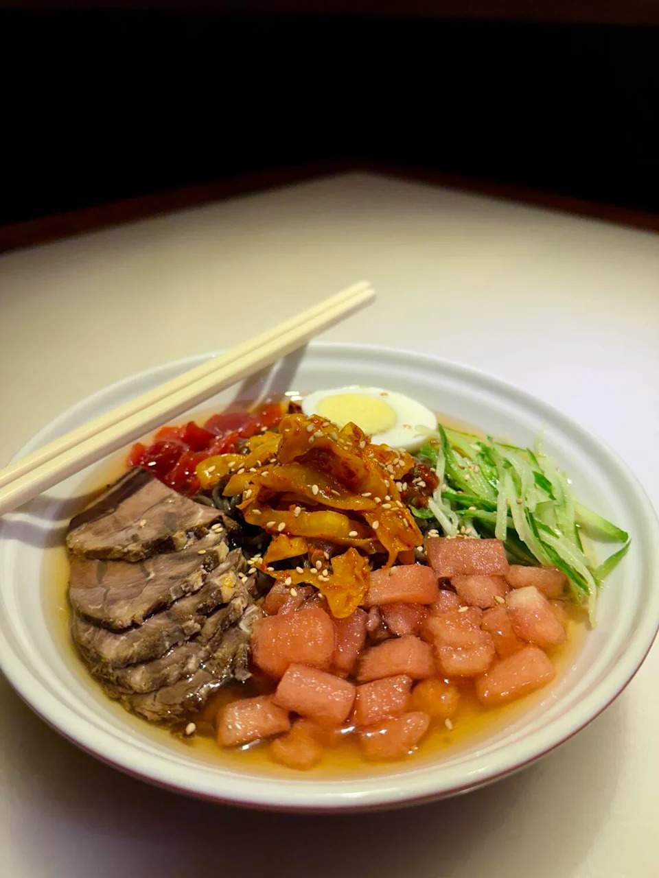 A bowl of Beijing Yanji cold noodles from Bistro Na's restaurant in Temple City.