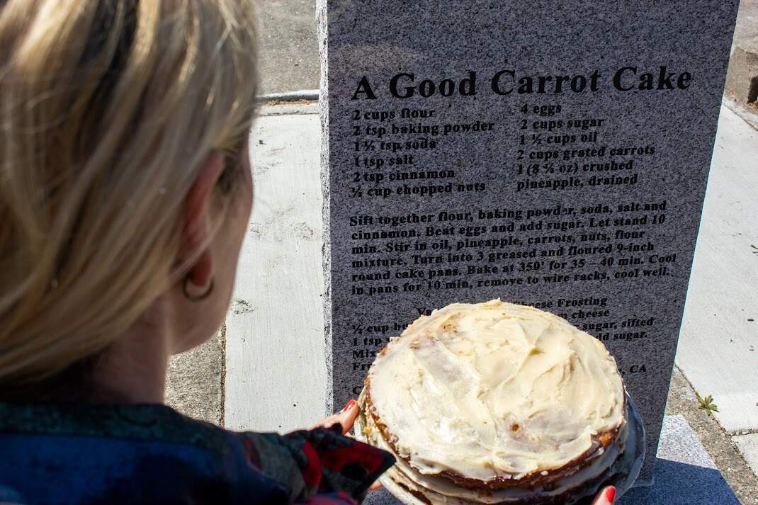 A recipe for carrot cake on a gravestone. (Courtesy of Jill Petracek)