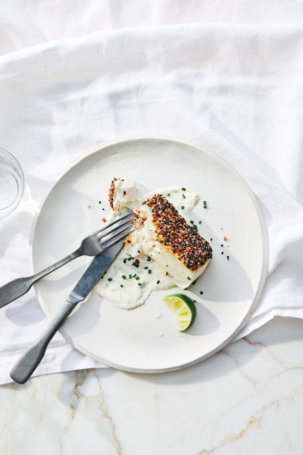 Everything Seasoning Encrusted Halibut + Horseradish Aioli, from "In Good Health," by Rachel Riggs. (Colin Price)