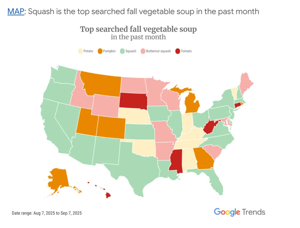 map showing the most searched fall vegetable soups by state