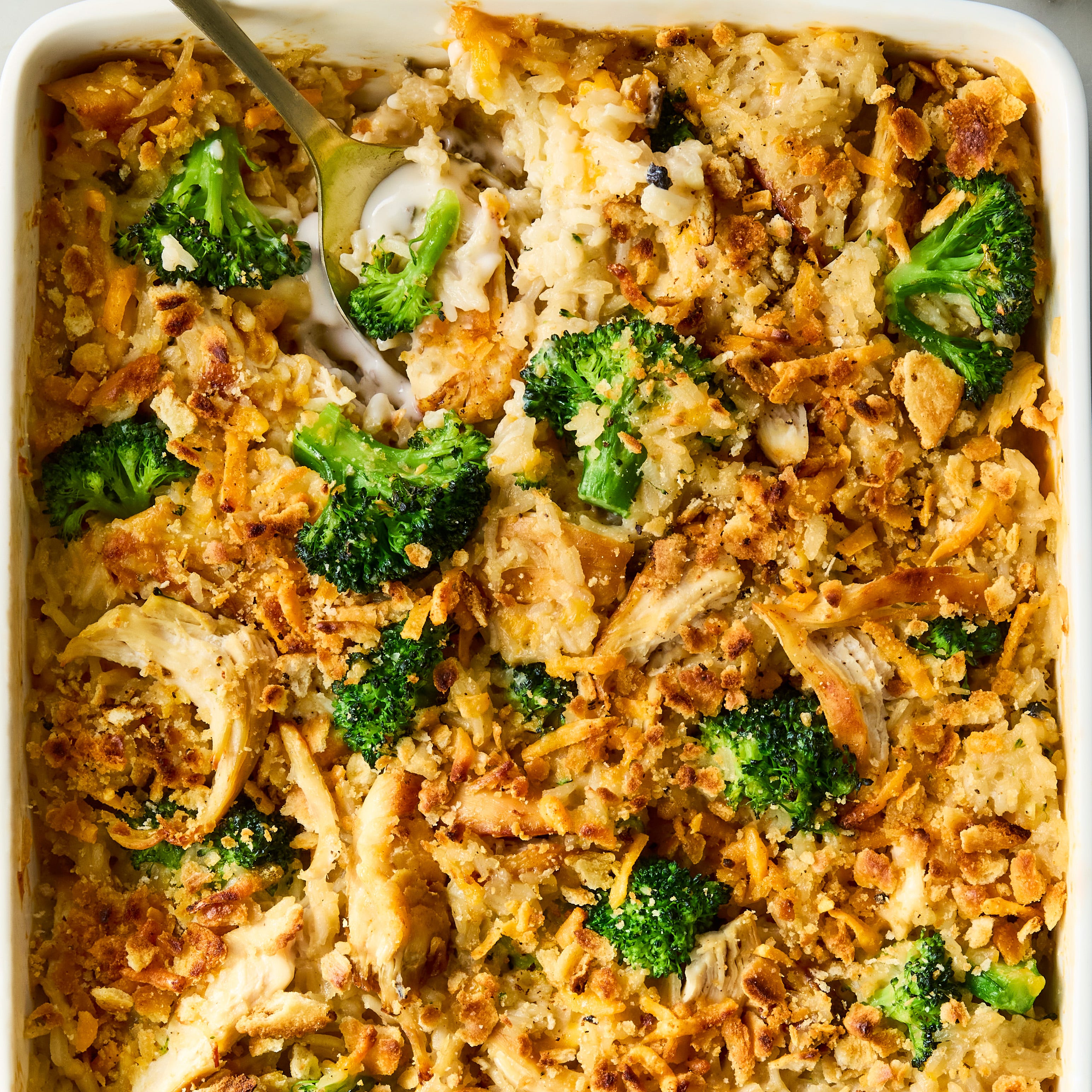 this creamy, cheesy, ritz cracker topped casserole is packed with chicken, rice, and freshly blanched broccoli with the quintessential cream of mushroom soup