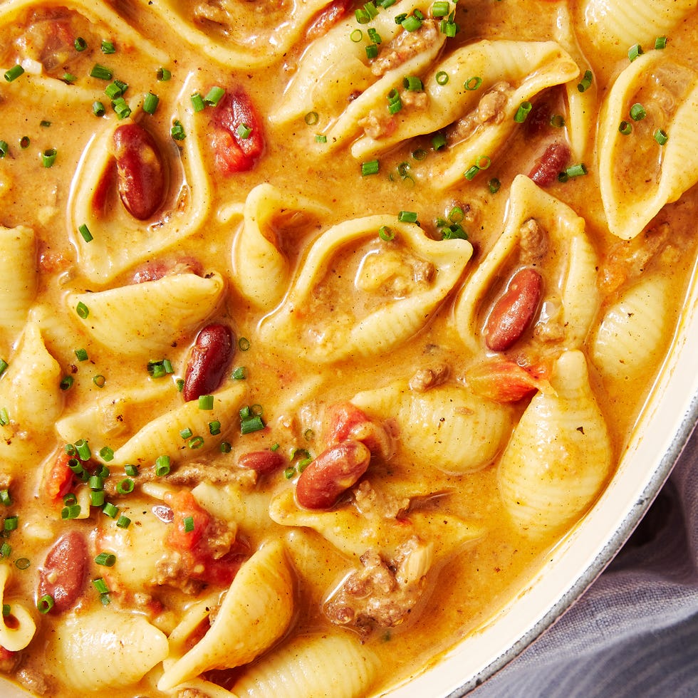 Chili Mac chili with mac and cheese noodles and cheese