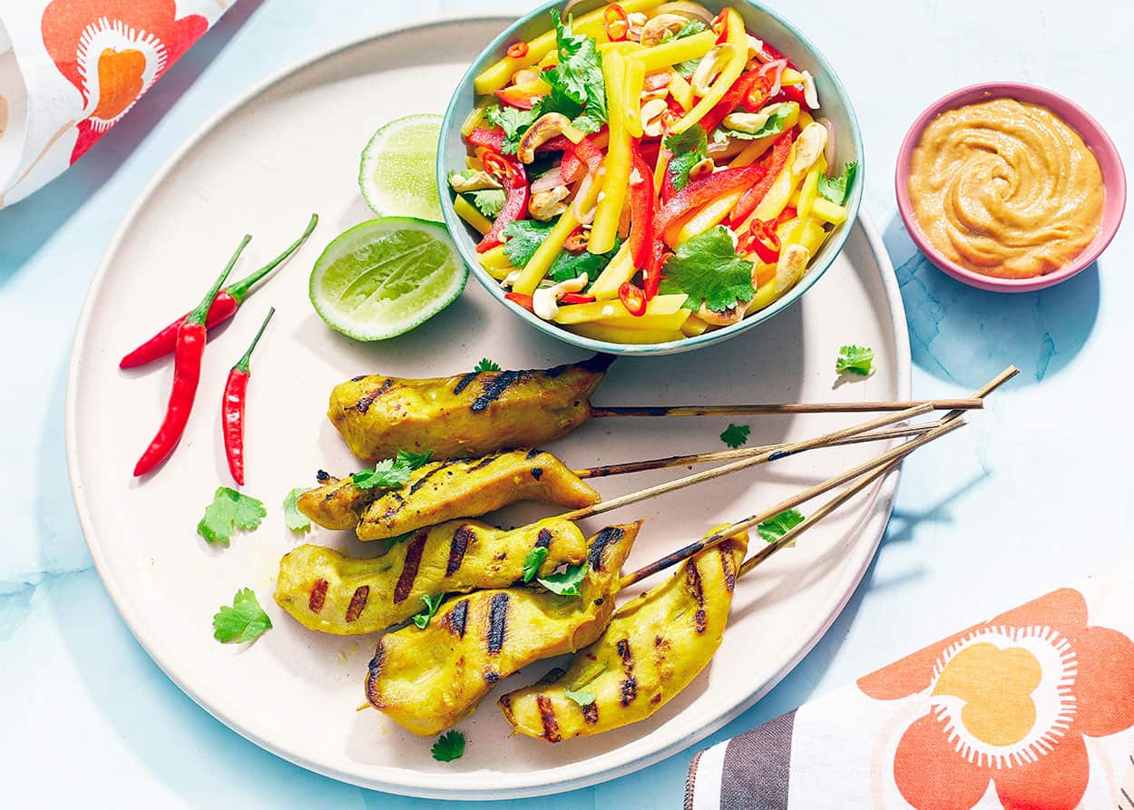 Chicken satay with cashew sauce and mango salad