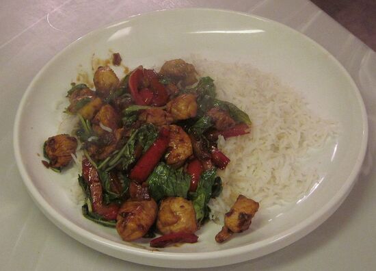 plate of Thai basil chicken with rice