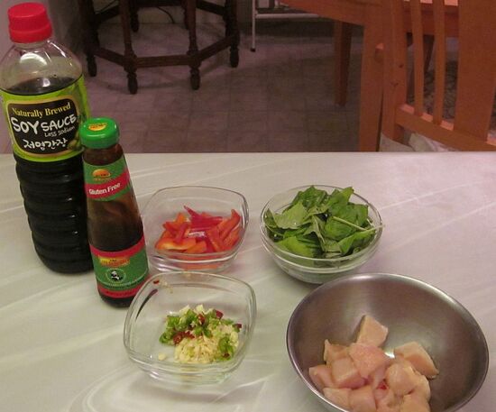 ingredients for Thai basil chicken, prepped
