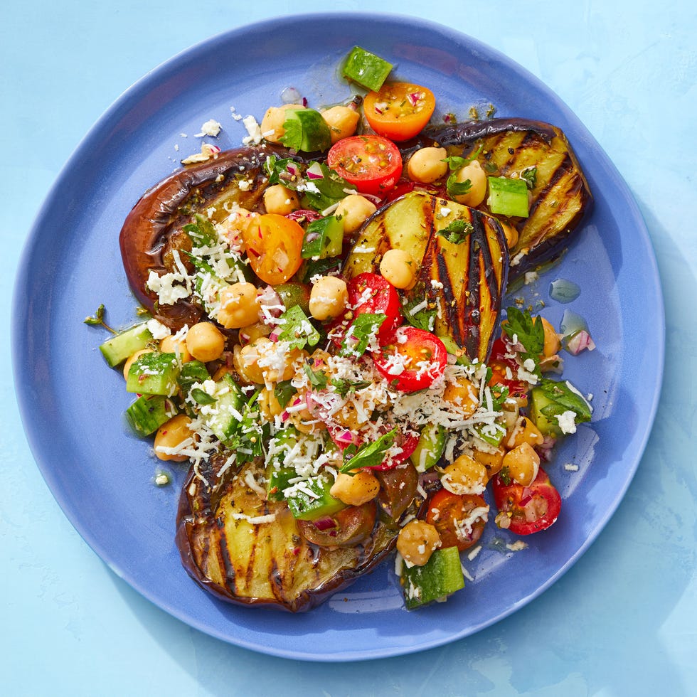 greek chickpea salad on eggplant steaks