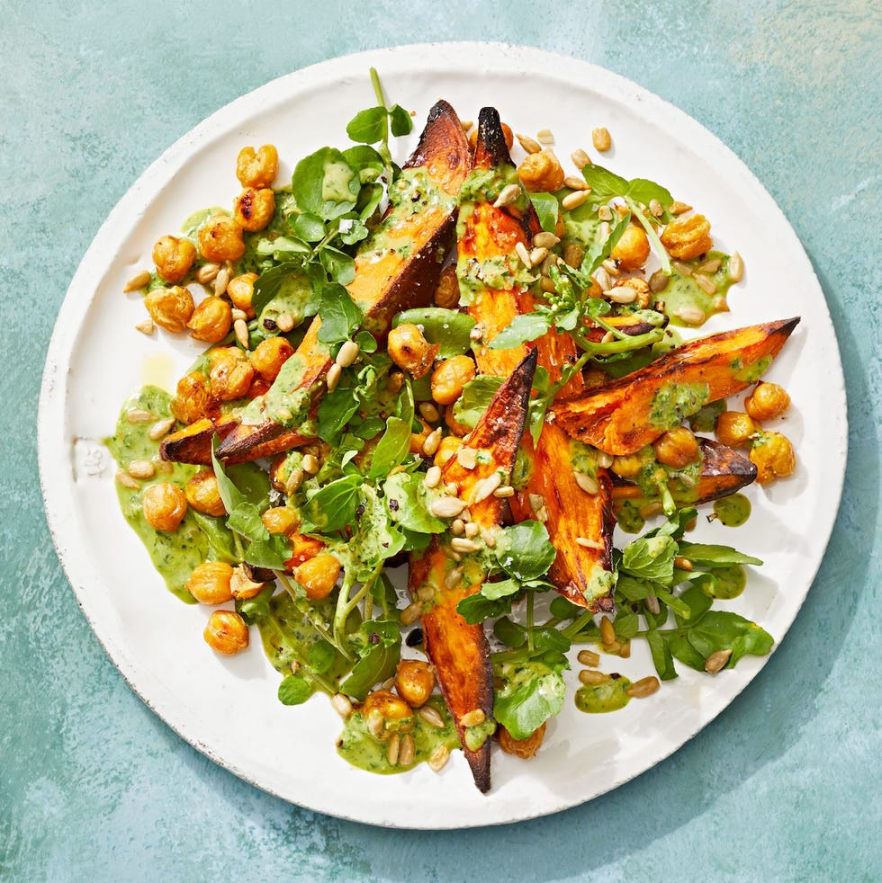 roasted sweet potatoes and chickpeas with watercress