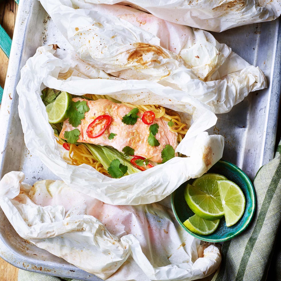 salmon and noodle parcels