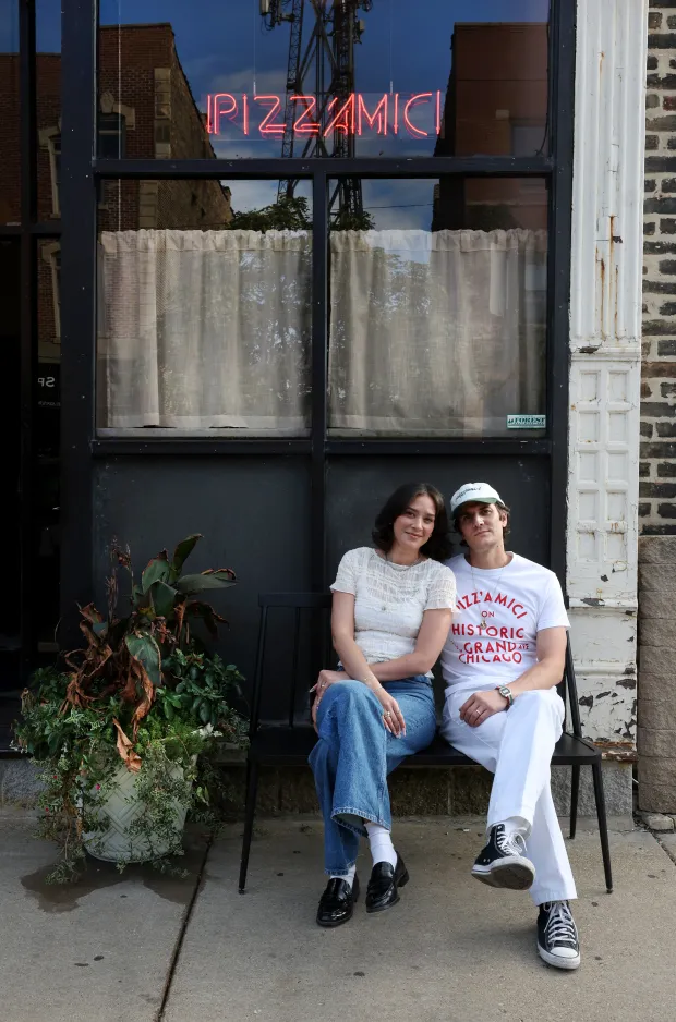 Co-owners Billy and Cecily Federighi of Pizz'amici at 1215 Grand Ave. in Chicago, Sept. 25, 2025. (Chris Sweda/Chicago Tribune)