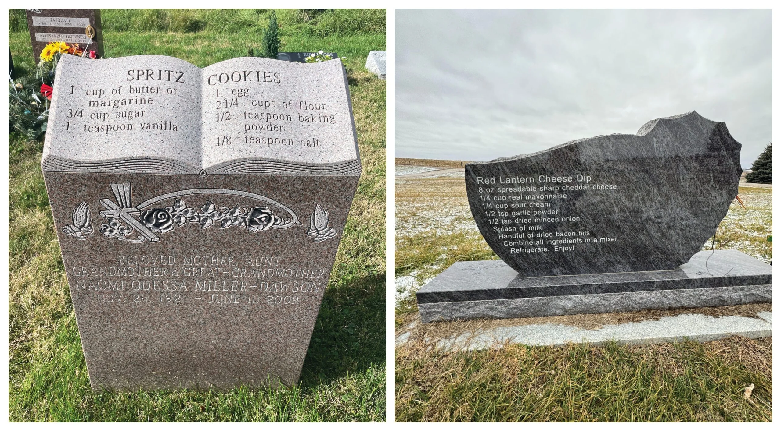 Two gravestones each engraved with a recipe: one for spritz cookies and another for red lantern cheese dip, set in grassy and snowy cemetery landscapes.