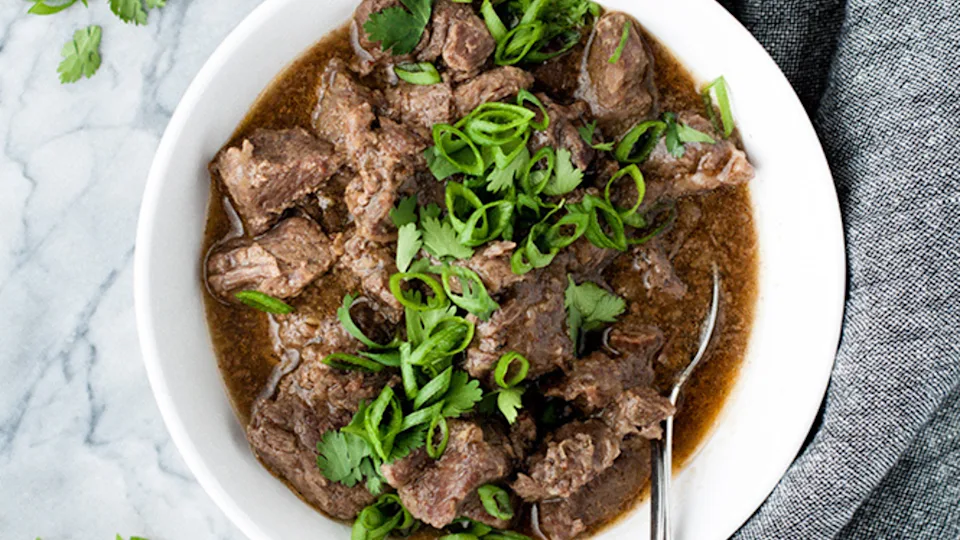 Bowl of Korean barbecue beef with sliced green onions and cilantro, featuring tender beef chunks in dark savory sauce with a spoon.